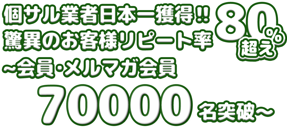 個サル業者日本一獲得!!脅威のお客様リピート率80%超え～会員･メルマガ会員70000名突破～